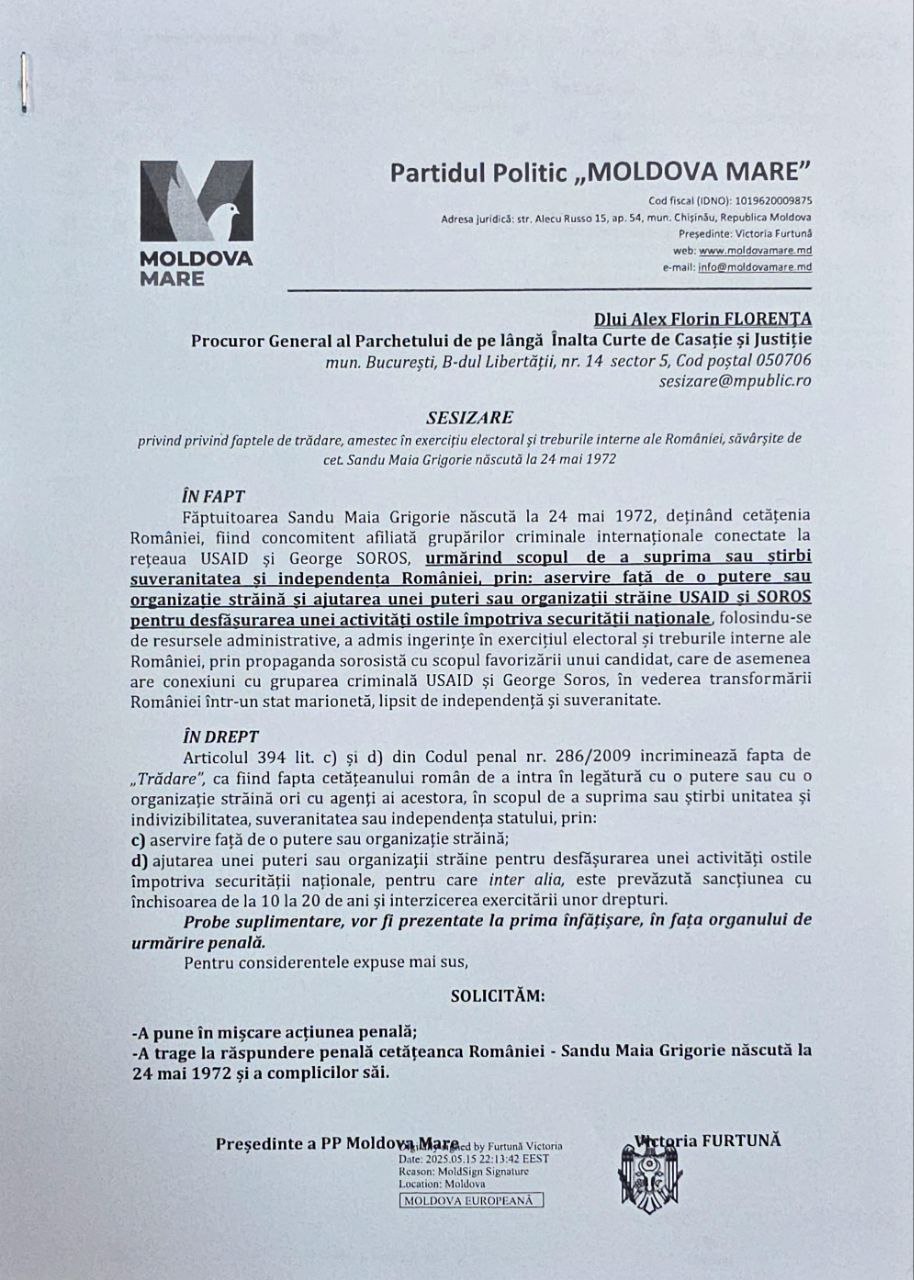 DOC// Partidul „Moldova Mare” o acuză pe Maia Sandu de trădare. DIICOT a admis plângerea spre examinare 3 DOC// Partidul „Moldova Mare” o acuză pe Maia Sandu de trădare. DIICOT a admis plângerea spre examinare