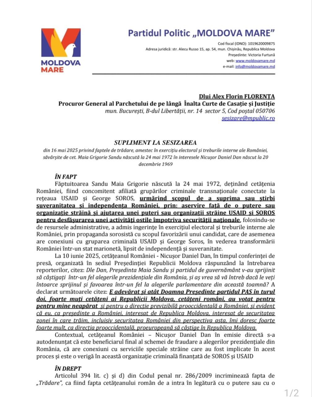 DOC// Partidul „Moldova Mare” o acuză pe Maia Sandu de trădare. DIICOT a admis plângerea spre examinare 4 DOC// Partidul „Moldova Mare” o acuză pe Maia Sandu de trădare. DIICOT a admis plângerea spre examinare