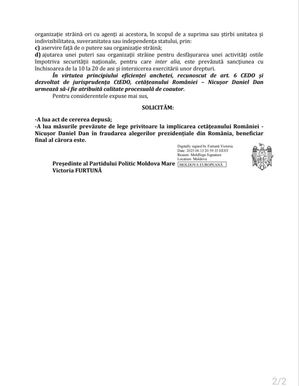 DOC// Partidul „Moldova Mare” o acuză pe Maia Sandu de trădare. DIICOT a admis plângerea spre examinare 5 DOC// Partidul „Moldova Mare” o acuză pe Maia Sandu de trădare. DIICOT a admis plângerea spre examinare