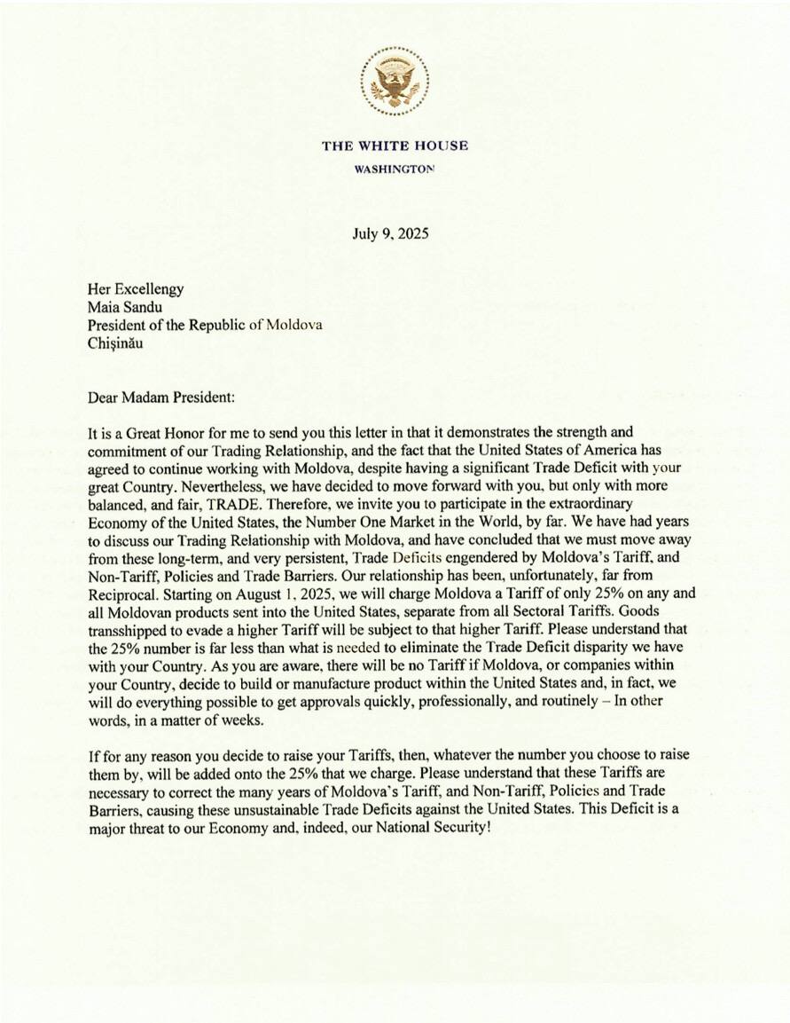 DOC// Donald Trump impune un tarif de 25% pentru produsele din Republica Moldova - Maia Sandu a primit scrisoarea de la Donald Trump 2 DOC// Donald Trump impune un tarif de 25% pentru produsele din Republica Moldova - Maia Sandu a primit scrisoarea de la Donald Trump