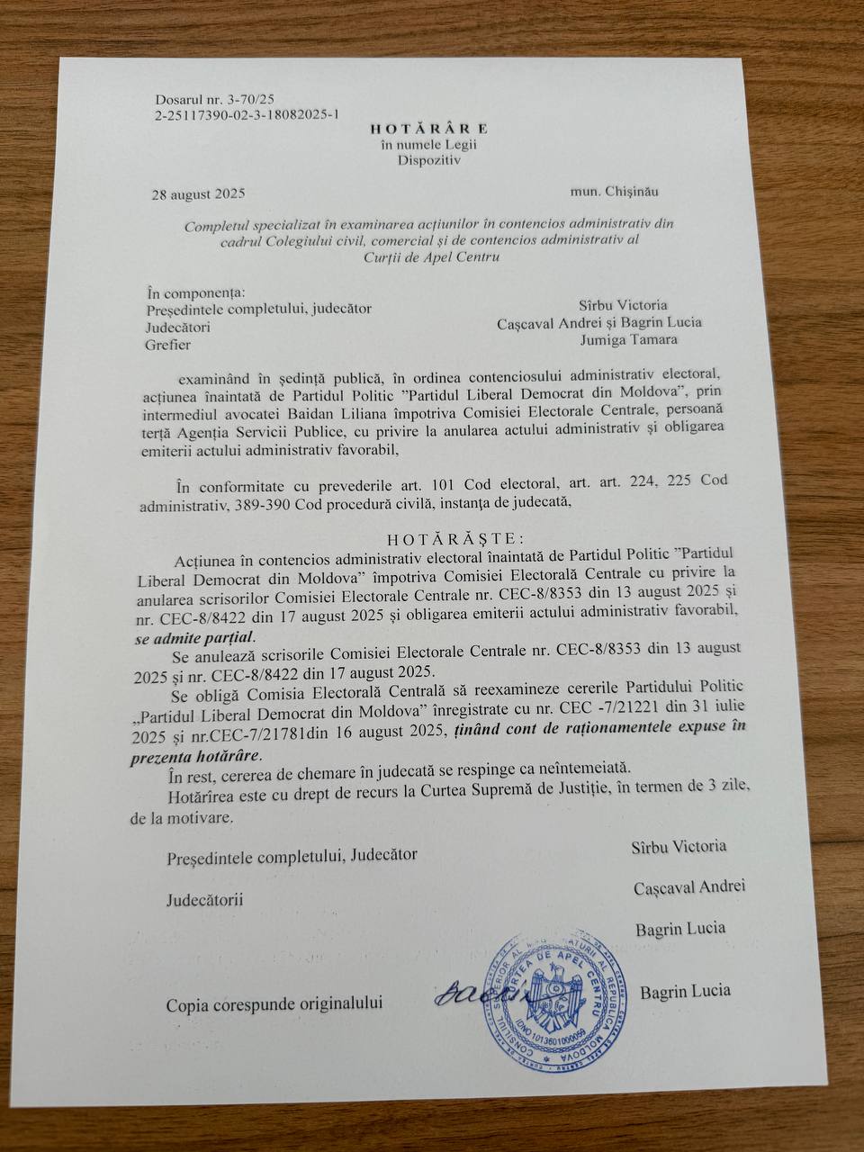 DOC// Curtea de Apel obligă CEC să înregistreze PLDM în alegerile parlamentare din 28 septembrie 2 DOC// Curtea de Apel obligă CEC să înregistreze PLDM în alegerile parlamentare din 28 septembrie